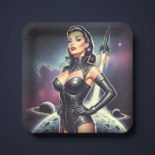 Retro-Weltraum-Pin-up Pappteller