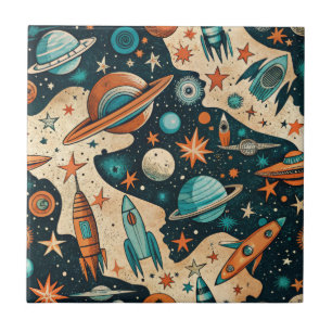 Retro Weltraum-Raketen-Planeten Orange Türkis Kind Fliese