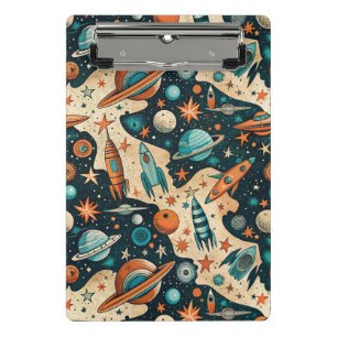 Retro-Weltraum-Raketen-Planeten-Orange-Türkis-Kind Mini Klemmbrett