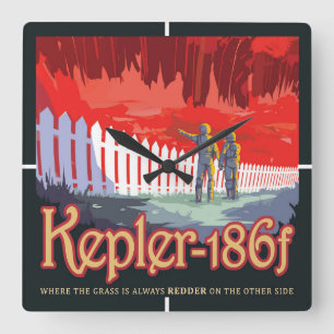 Retro-Weltraumplakat von Kepler-186f. Quadratische Wanduhr