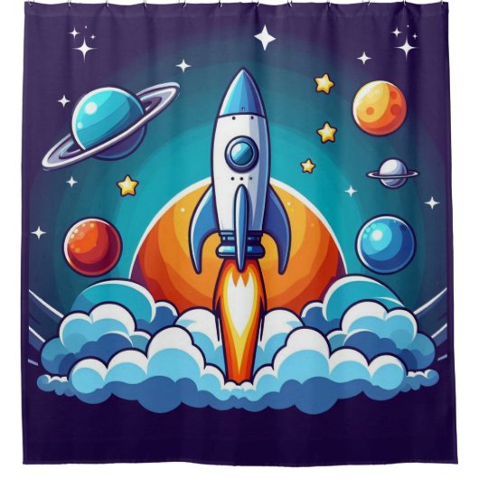 Retro, Weltraumrakete Duschvorhang (Vorderseite)