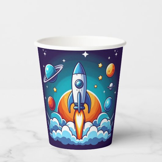 Retro, Weltraumrakete Pappbecher (Vorderseite)