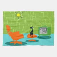 Retro Weltraumzeitalter-Miezekatze-Geschirrtuch