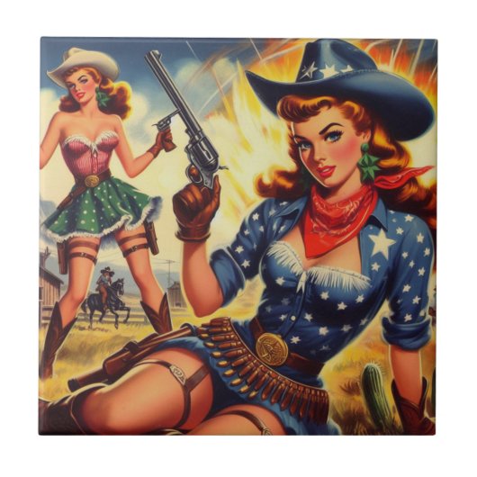 Retro Western Country Girls Fliese (Vorderseite)