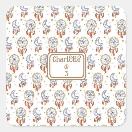 Retro Whimsical Boho Muster Name Geburtstag Quadratischer Aufkleber (Vorderseite)