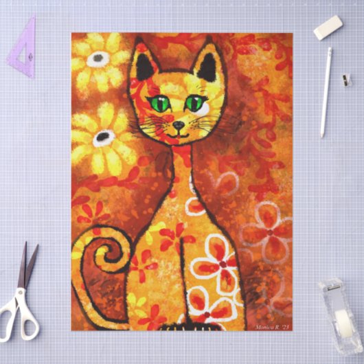 Retro Whimsical Cat Kitty Floral Orange Decoupage Seidenpapier (Basteln)