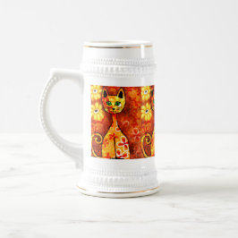 Retro Whimsical Cat Kitty Floral Orange Yellow Red Bierglas