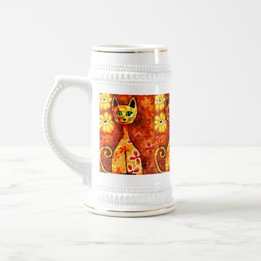 Retro Whimsical Cat Kitty Floral Orange Yellow Red Bierglas (Links)