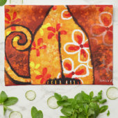 Retro Whimsical Cat Kitty Floral Orange Yellow Red Geschirrtuch (Gefaltet)