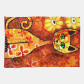 Retro Whimsical Cat Kitty Floral Orange Yellow Red Geschirrtuch (Horizontal)