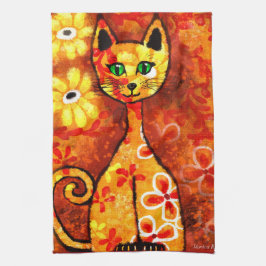 Retro Whimsical Cat Kitty Floral Orange Yellow Red Geschirrtuch