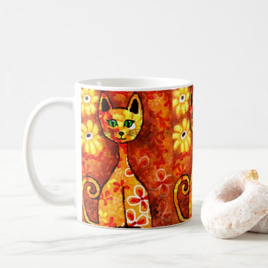 Retro Whimsical Cat Kitty Floral Orange Yellow Red Kaffeetasse (Mit Donut)