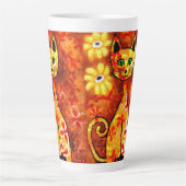 Retro Whimsical Cat Kitty Floral Orange Yellow Red Milchtasse (Vorderseite)