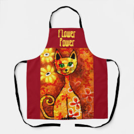 Retro Whimsical Cat Kitty Floral Orange Yellow Red Schürze