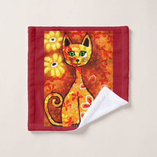 Retro Whimsical Cat Kitty Floral Orange Yellow Red Waschlappen (Waschlappen)