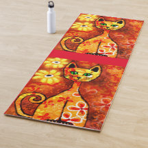 Retro Whimsical Cat Kitty Floral Orange Yellow Red