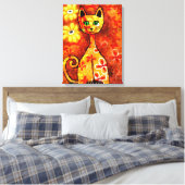 Retro Whimsical Cat Kitty Floral Yellow Orange Leinwanddruck (Insitu (Schlafzimmer))