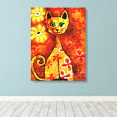 Retro Whimsical Cat Kitty Floral Yellow Orange Leinwanddruck (Insitu (Holzboden))