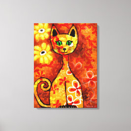 Retro Whimsical Cat Kitty Floral Yellow Orange Leinwanddruck