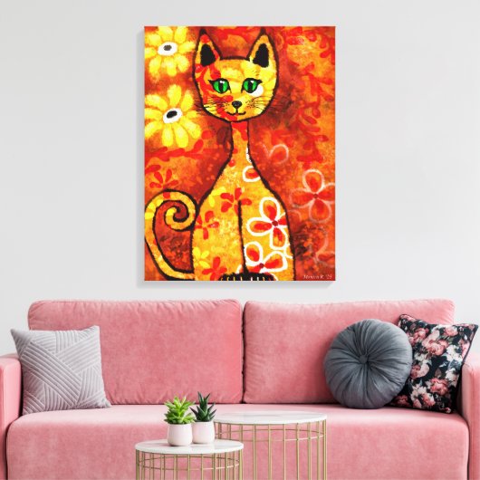 Retro Whimsical Cat Kitty Floral Yellow Orange Leinwanddruck (Insitu (Wohnzimmer))