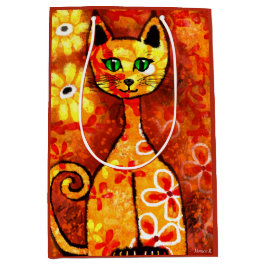 Retro Whimsical Cat Kitty Floral Yellow Orange Mittlere Geschenktüte