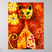 Retro Whimsical Cat Kitty Floral Yellow Orange Poster (Vorne)