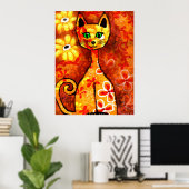 Retro Whimsical Cat Kitty Floral Yellow Orange Poster (Heimbüro)