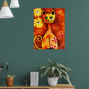 Retro Whimsical Cat Kitty Floral Yellow Orange Poster