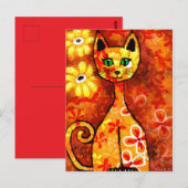 Retro Whimsical Cat Kitty Floral Yellow Orange Postkarte (Vorne/Hinten)