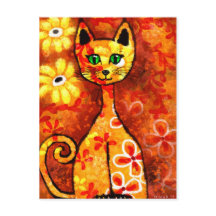 Retro Whimsical Cat Kitty Floral Yellow Orange