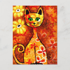 Retro Whimsical Cat Kitty Floral Yellow Orange Postkarte
