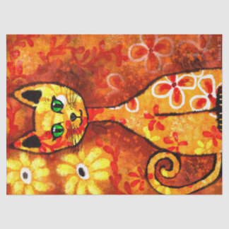 Retro Whimsical Cat Kitty Floral Yellow Orange Seidenpapier