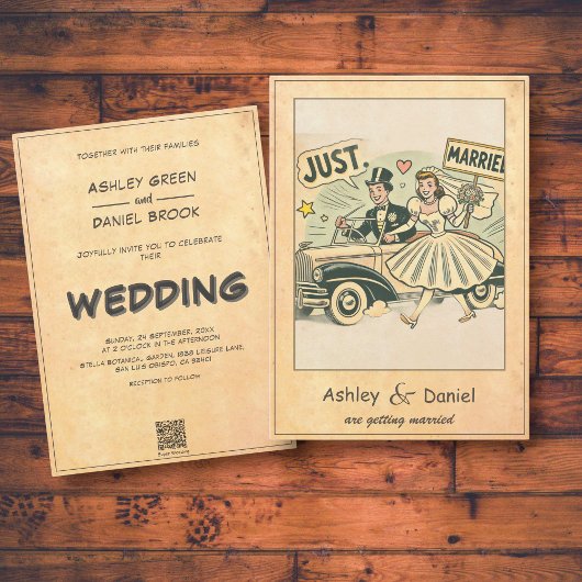Retro Whimsical Couple Just Married Comic Hochzeit Einladung