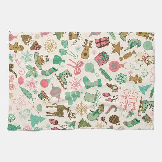 Retro Whimsical Doodles Weihnachten Geschirrtuch (Horizontal)