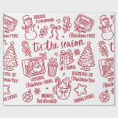 Retro Whimsical Festive Red Christmas Doodles Geschenkpapier (Flach)