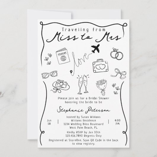 Retro Whimsical Miss zu Frau QR Code Brautparty Einladung (Vorderseite)