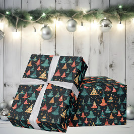 Retro Whimsical Modern Christmas Trees Geschenkpapier