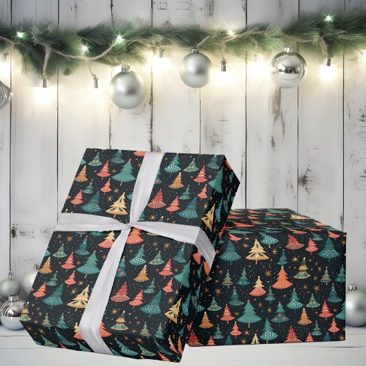 Retro Whimsical Modern Christmas Trees Geschenkpapier