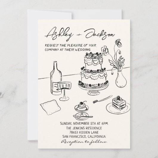 Retro Whimsical Quirky Hand Drawn Cake Wedding Einladung (Vorderseite)