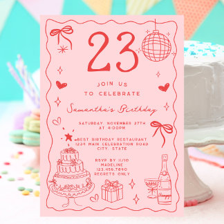 Retro Whimsical Quirky Red Pink 23. Geburtstag Einladung