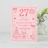Retro Whimsical Quirky Red Pink 27. Geburtstag Einladung (Stehend Vorderseite)