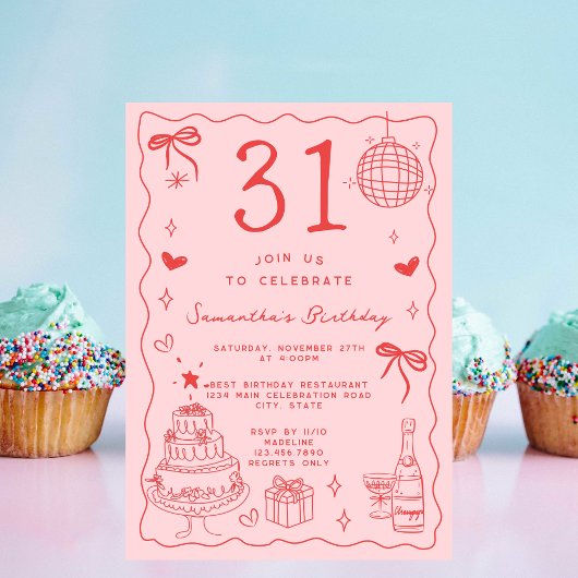 Retro Whimsical Quirky Red Pink 31. Geburtstag Einladung