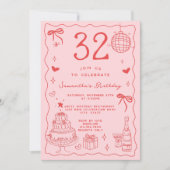 Retro Whimsical Quirky Red Pink 32. Geburtstag Einladung (Vorderseite)