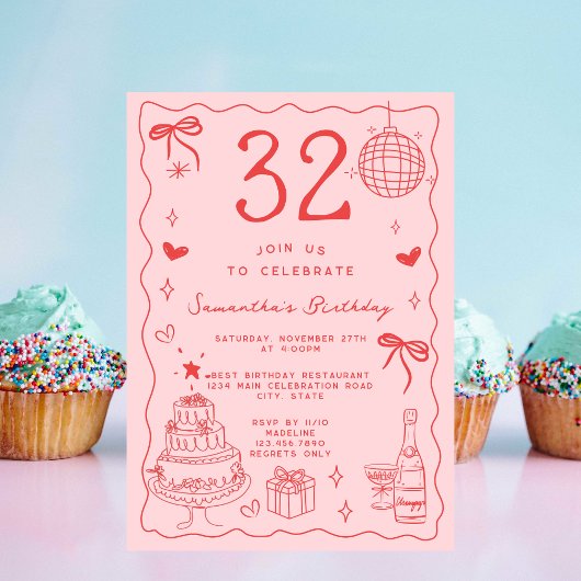 Retro Whimsical Quirky Red Pink 32. Geburtstag Einladung