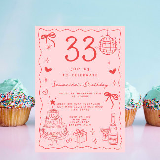 Retro Whimsical Quirky Red Pink 33. Geburtstag Einladung