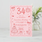 Retro Whimsical Quirky Red Pink 34. Geburtstag Einladung (Stehend Vorderseite)
