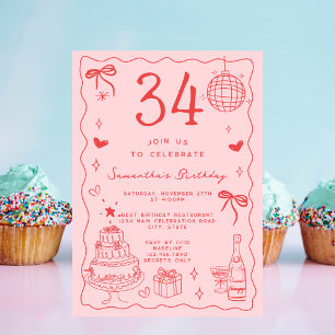 Retro Whimsical Quirky Red Pink 34. Geburtstag Einladung
