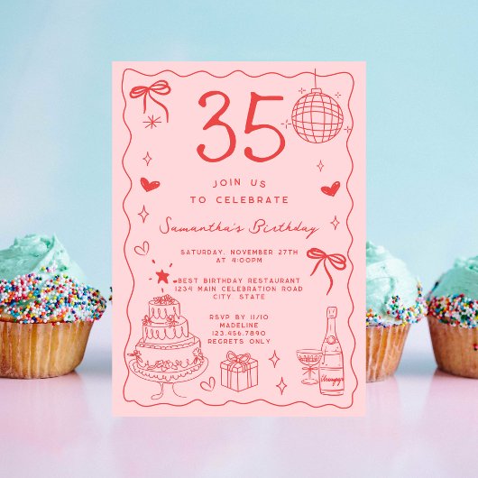 Retro Whimsical Quirky Red Pink 35. Geburtstag Einladung