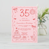 Retro Whimsical Quirky Red Pink 35. Geburtstag Einladung (Stehend Vorderseite)