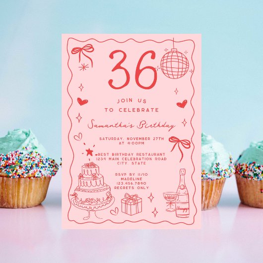 Retro Whimsical Quirky Red Pink 36. Geburtstag Einladung